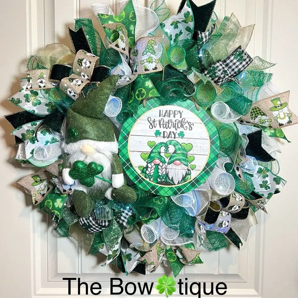 Handmade Happy St. Patrick’s Day Gnome Ribbon Prelit Wreath 22 ins LED W13
